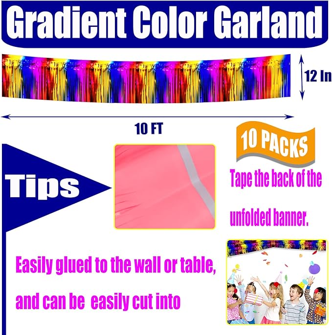 10 Pack 10 Feet Foil Fringe Garland Metallic Tinsel Streamers Banner Wall Hanging Curtain Backdrop for Parade Floats, Bachelorette, Wedding, Birthday, Halloween, Christmas Party Decorations(Rainbow)