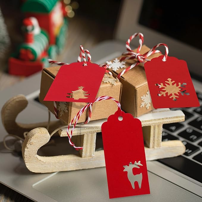 Aneco 150 Pieces Christmas Paper Gift Tags Red Kraft Tags Hang Labels Christmas Tree Snowflake Reindeer Design with 30 Meters Twine for Christmas DIY Wrapping Favor Holiday Present