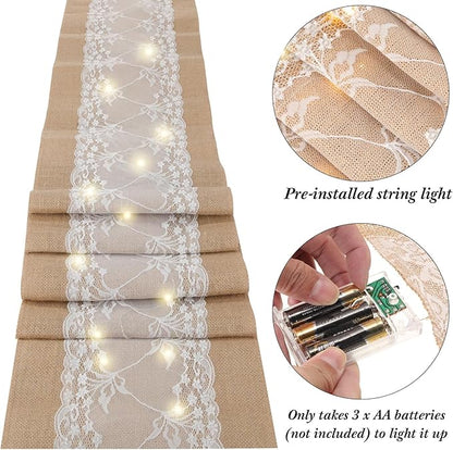 Xinnun 6 Pcs Burlap Table Runner with Lights 12 x 108 Inches Burlap Lace Table Runner Rustic Wedding Decorations Home Party (Vine)