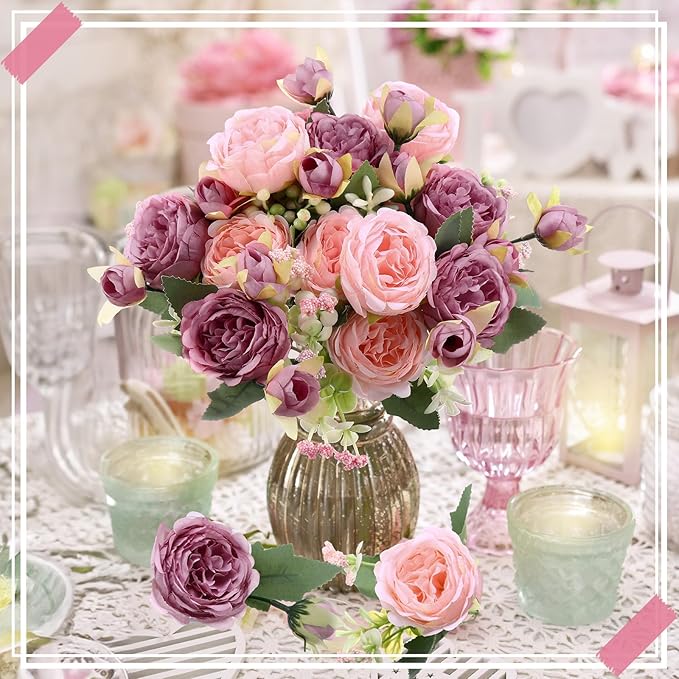8 Bundles Artificial Peonies Flowers Boho Faux Flowers Arrangements Artificial Centerpiece Spring Bouquet Floral Wedding Decoration for Vase(Pink, Dark Pink)