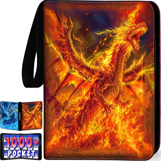 1008 Card Binder 9 Pocket, 3-Ring Trading Card Binder with 56 Page Removable Sleeves, High Storage Waterproof Trading Card Holder Collection Card Album Carrying Organizer Case for MTG TCG Cards -Fire