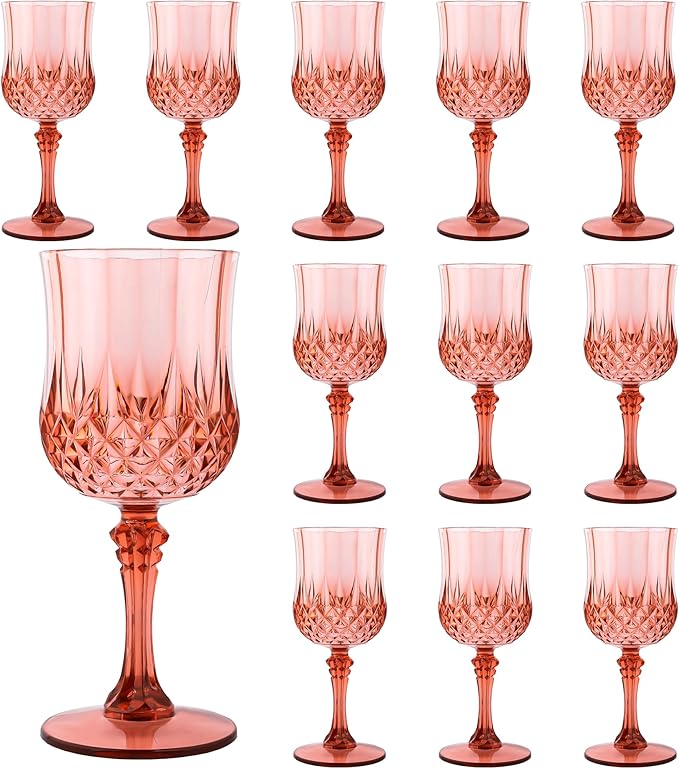Plastic Wine Glasses，Plastic Goblets Vintage Style Cordial Drinking Glasses for Wedding Reception, Grand Event Party Supplies (12, Rose Gold)