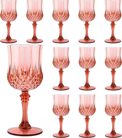 Plastic Wine Glasses，Plastic Goblets Vintage Style Cordial Drinking Glasses for Wedding Reception, Grand Event Party Supplies (12, Rose Gold)