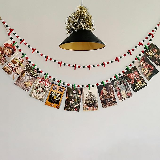 2PCS Christmas Hanging Photo Display with 12 Clips, Wooden Bead Garland, Photo Frame Decoration for Dorms, Classrooms, Bedrooms, Hanging Display Card Holder