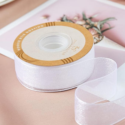1 Inch Wide Sheer Chiffon Ribbon - Pearl Silk Woven Ribbon Suitable for Gift Wrapping, Wedding Decor, Home Decor, Girl Hair Accessories Handmade DIY (25 Yards/roll) (White)