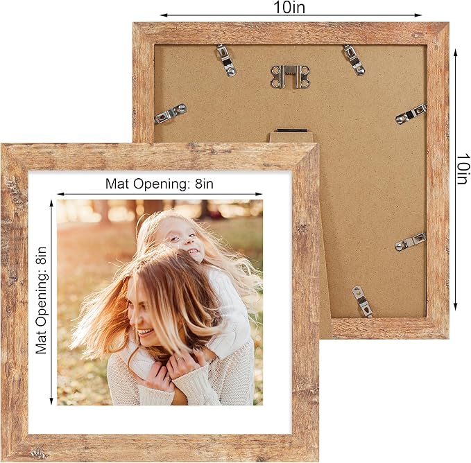 10x10 Picture Frame Set of 4 with Real Glass, Rustic Brown Frames Display 8x8 Picture with Mat or 10 x 10 Without Mat, Wooden Square Photo Frame for Wall Mount and Tabletop Display