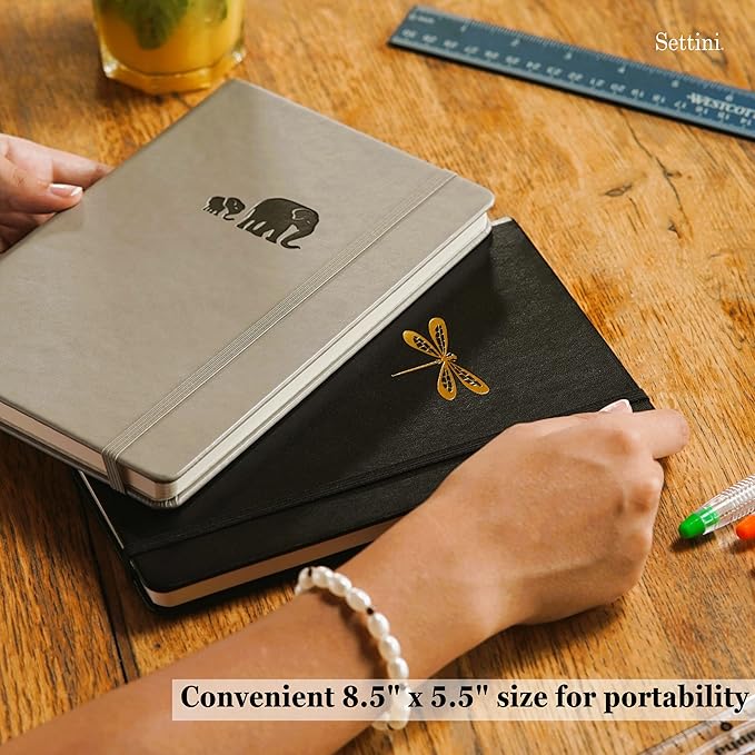 SETTINI Dotted Journal, Ideal for Bullet Journaling - A5 Vegan Leather Notebook, 192 Archival-Quality Pages, QuillEase Bleed-Free Paper, Inner Pocket & Bookmark - Dragonfly Gifts for Women & Men, Black Dragonfly