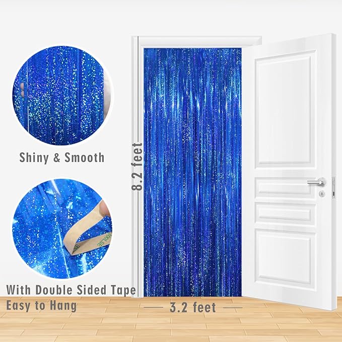 GOER 3.2 ft x 8.2 ft Metallic Tinsel Foil Fringe Curtains Party Photo Backdrop Party Streamers for Birthday,Graduation,New Year Eve Decorations Wedding Decor(1 Pack,Shiny Blue)