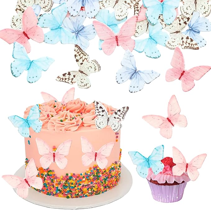Ephlyn 48Pcs Edible Butterfly Cupcake Toppers Cupcake Picks Edible Butterfly Cupcake Decorations for Theme Baby Shower Kids Birthday Party Cake Supplies Multi
