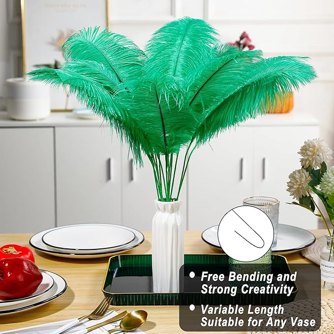 Holmgren Natural Green Ostrich Feather - 20pcs Making Kit 22 Inch Large Ostrich Feathers for Vase, Floral Arrangement, Wedding Party Centerpieces Home Decorations (Green)