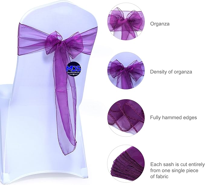 MDS Pack of 100 PCS Organza Chair Sashes Wider Dining Chair Bows Ribbon Tie Back for Wedding Party Birthday Bridal Shower Reception Event Banquet Home Chair Cover Decoration - Dark Purple