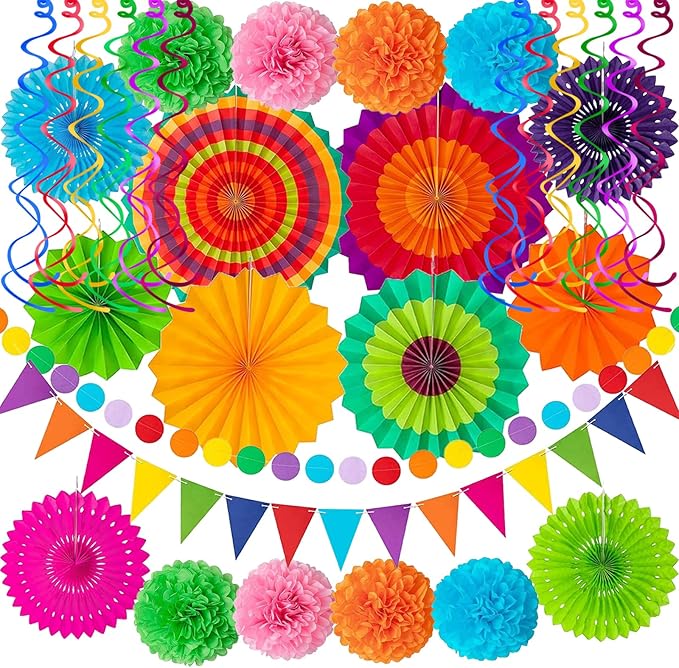 32Pcs Cinco De Mayo Decorations Fiesta Party Decorations Multi-Color Paper Fans Garlands Pennant Pom Poms Hanging Swirls For Birthday Wedding Rainbow Mexican Party