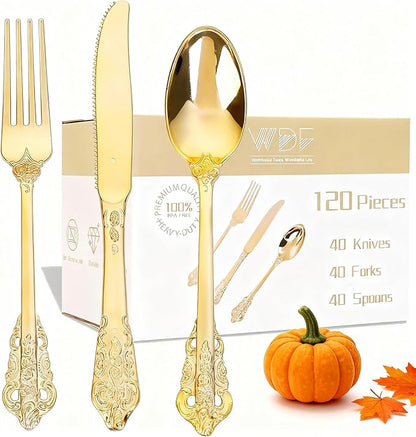 WDF 120PCS Gold Plastic Silverware - Heavy Duty Gold Plastic Cutlery Set Disposable Utensils - 40 Forks, 40 Spoons, 40 Knives, Perfect for Thanksgiving Party/Weeding and Daily Use