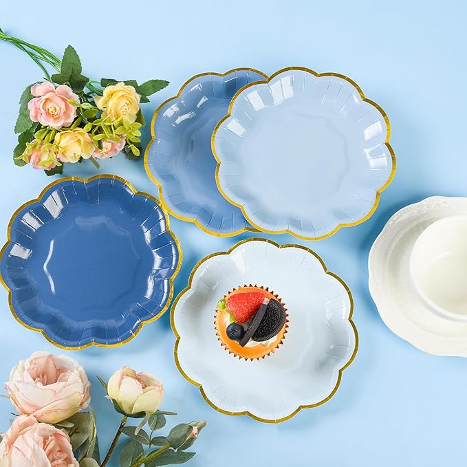 Dusty Blue Party Plates Gradient Blue Dessert Paper Plates 7inch Gold Foil Scalloped Edge Disposable Cake Plates for Tea Party Birthday Bridal Baby Shower Wedding Party Supplies (48)