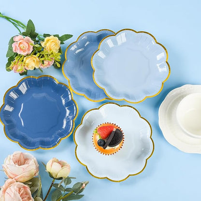 Dusty Blue Party Plates Gradient Blue Dessert Paper Plates 7inch Gold Foil Scalloped Edge Disposable Cake Plates for Tea Party Birthday Bridal Baby Shower Wedding Party Supplies (48)