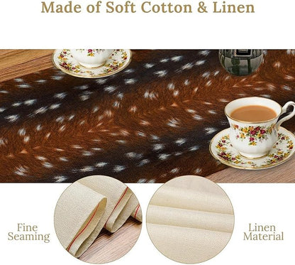 Deer Skin Table Runner Brown Fur Runner Black White Elk Deer Print Fur Western Print Cotton Linen Cottage Dinner Table Runners for Dining Room Kitchen Table Setting, 13x60 Inch