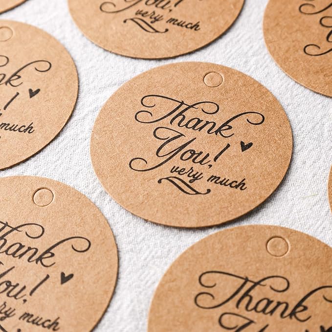SallyFashion 120PCS Thank You Gift Tags, Round Brown Paper Tags with String 2inch Circle Labels for Birthday Wedding Party Gift Baby Shower