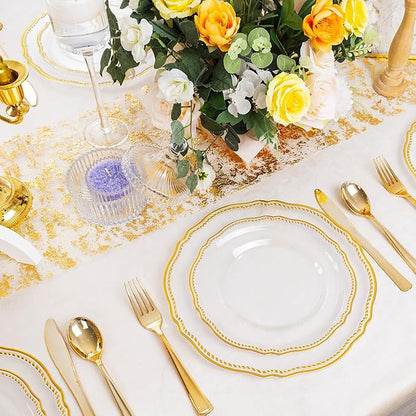 Hioasis 60pcs Clear Plastic Plates - Clear and Gold Disposable Dinnerware with Gold Rim, Heavy-duty, 10.25 inch, Dinner Plates for Party & Wedding