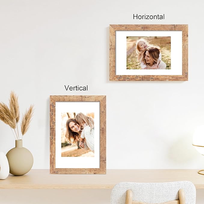8x12 Picture Frame Set of 4 with High Definition Real Glass, Display 6x8 Pictures with Mat or 8 x 12 Without Mat, Rustic Brown Wood Photo Frames for Tabletop and Wall Mounting