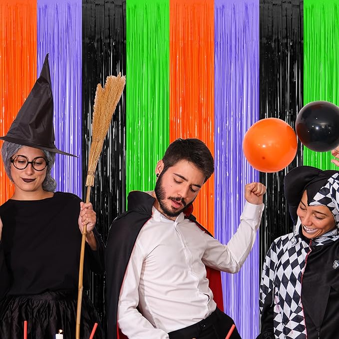 2 Pack Halloween Backdrop, 3.28 FT x 7.05 FT Orange Purple Black Green Party Streamer, Metallic Foil Curtains Tinsel Backdrop, Halloween Party Decorations Photo Props for Door Wall