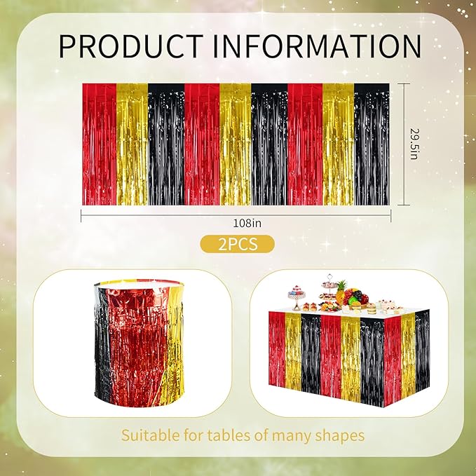 BEISHIDA 2 Pack Red Gold Black Table Skirts Party Decorations Metallic Tinsel Foil Fringe Decors for Rectangle and Round Table Graduation Casino New Year Mouse Theme Birthday Party Decorations