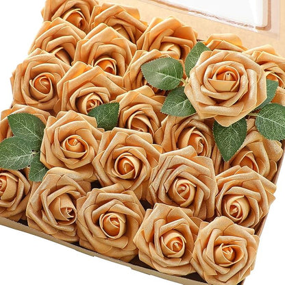 Floroom Artificial Flowers 50pcs Real Looking Gold Foam Fake Roses with Stems for DIY Wedding Bouquets Bridal Shower Centerpieces Floral Arrangements Party Tables Home Decorations