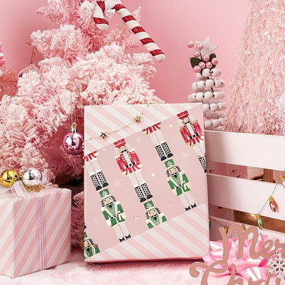 LeZakaa Christmas Pink Wrapping Paper Mini Roll for Kids, Pink Metallic Foil Gift Wrap Paper with Red & Green Nutcracker Soldier & Stripe Reversible Design, 17 inches x 32.8 Feet