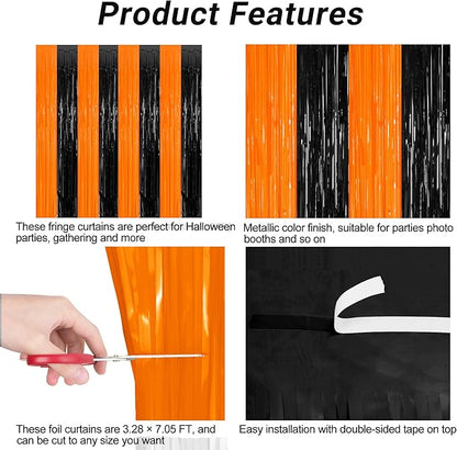 2 Pack Halloween Photo Backdrop, 3.28 FT x 7.05 FT Orange and Black Party Streamer, Metallic Foil Fringe Curtains Tinsel Backdrop, Halloween Birthday Party Decorations Hanging Decor Indoor