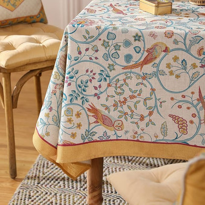 patdrea Designer French Tablecloth for Rectangle Table,Floral Birds Pattern Linen Long Table Cloth,Yellow Decorative Cover for Kitchen Dining Banquet,Christmas,Thanksgiving,63"x94"-Magnolia