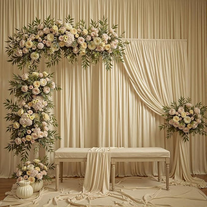 60ftx12ft Wrinkle Free Beige Backdrop Curtain, 12 Panels 12FT Height Beige Wedding Backdrop Drapes, Silky Polyester Back Drop Cloth for Birthday Photography Background Party Backdrop Draping