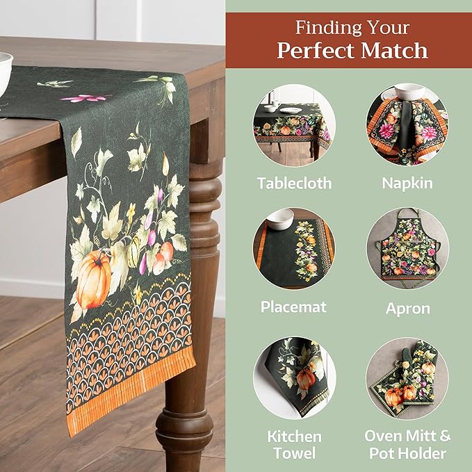Maison d' Hermine Table runner 100% Cotton Single Layer Table Runners 72 inches long for Thanksgiving Christmas Decorations Home Kitchen Dining Party Wedding (Pumpkin Garden - Dark Green, 14.5" x 72")