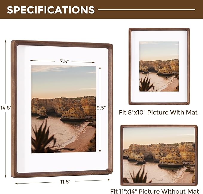 11x14 Wooden Picture Frames USA-Sourced Natural Walnut Solid Wood Photo Frame Handcrafted Rounded Corner with Mat to 8x10 Picture Frame Vintage Display with Real Glass Family Picture