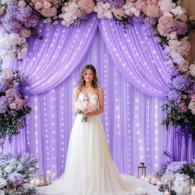 Lavender Backdrop Curtains with Lights for Parties,10x10FT Wrinkle Free Polyester Wedding Photo Backdrop Curtains for Baby Shower Birthday Ceremony Reception Home Party Decorations-5ft x 10ft,2 Panels