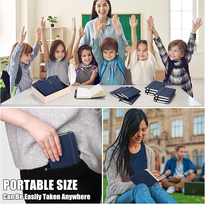 Aodaer 50 Sets Pocket Notebook Journal with Pens, 160 Pages, 3.5 x 5.5 Inch Mini Lined Journal Notebook A6 Leather Hardcover College Ruled Notepad with Pen Holder for School Office Gifts, Navy Blue