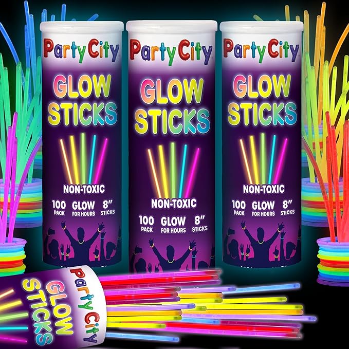 Party City 300 Glow Sticks Bulk Party Pack 8”– Neon Glow in the Dark Party Supplies, Glowsticks with Connectors Bracelets & Necklaces, Light Up Favors for Kids, Adults, Birthdays, Parties, Decorations