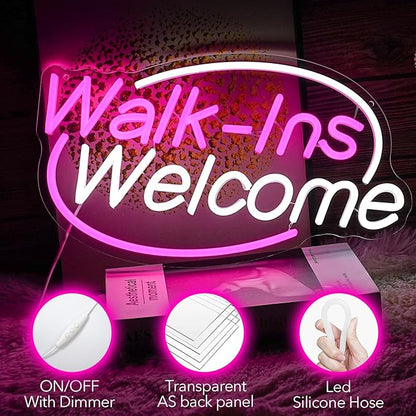 Walk-Ins Welcome Neon Sign, Neon Sign For Wall Decor, Pink + White Led Signs Usb Powered, Living Game Room Decor, For Bedroom Restaurant Bar Hotel Shop Party Birthday(16.5x9.4in)