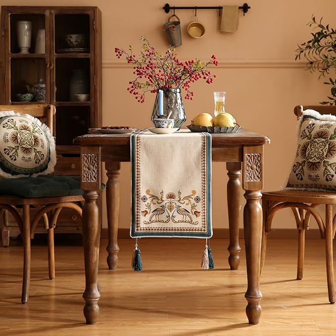 patdrea Designer Beige Farmhouse Geometric Patterned Linen Table Runner 71 Inch Long,Wrinkle Resistant Table Mat,Decoration for Kitchen Dining and Coffee Tables Banquet Christmas , 12"x71"