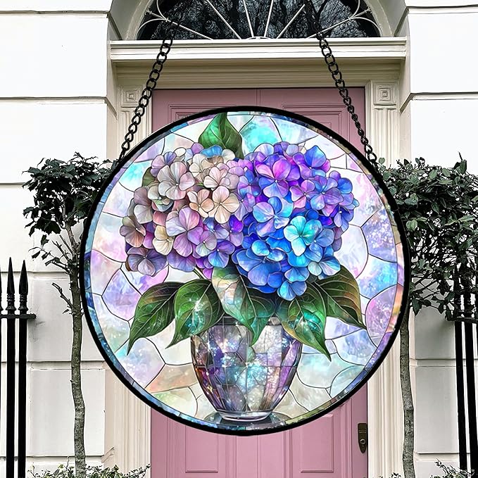 Stained Glass Window Hanging, Blue Purple Hydrangea Flowerpot Suncatcher for Doors Home Sun Catchers Decoration and Christmas, Mother's Day Birthday Gifts for Women, Men, and Mom 14.9 in