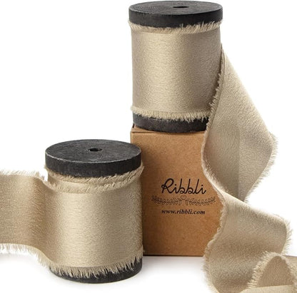 Ribbli Champagne Gold Silk Satin Ribbon 1.5 Inch x 12 Yard Handmade Frayed Chiffon Ribbon with Wooden Spool for Gift Wrapping Wedding Invitations Bridal Bouquets Home Decor