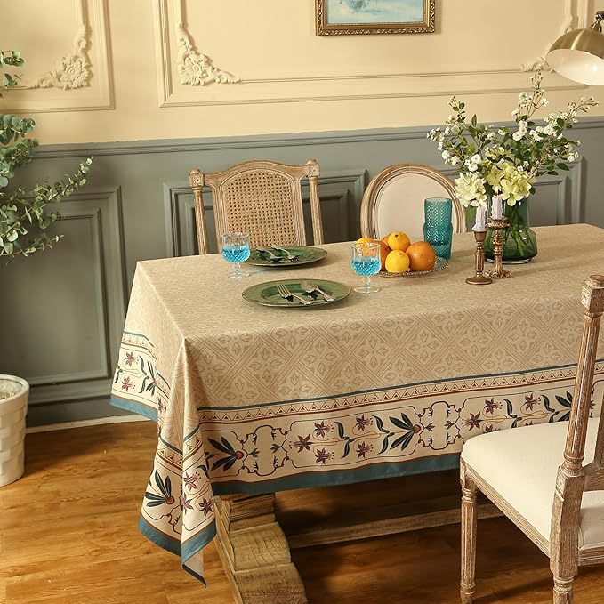 patdrea Designer Beige French Linen Tablecloth for Square Table,Anti-Wrinkle Durable Floral Table Cloth,Dacorative Cover for Kitchen Dining,Tea Party,Christmas,Thanksgiving,67"x67"-Fram