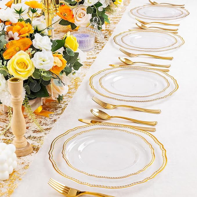 Hioasis 60pcs Clear Plastic Plates - Clear and Gold Disposable Dinnerware with Gold Rim, Heavy-duty, 10.25 inch, Dinner Plates for Party & Wedding