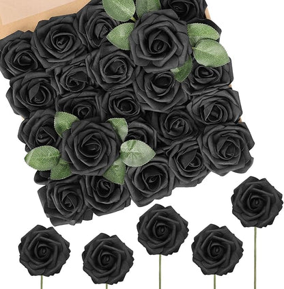N&T NIETING Artificial Flowers Black Rose 50pcs Real Touch Flowers Perfect for for DIY Bouquets Wedding Party Baby Shower Home Decoration