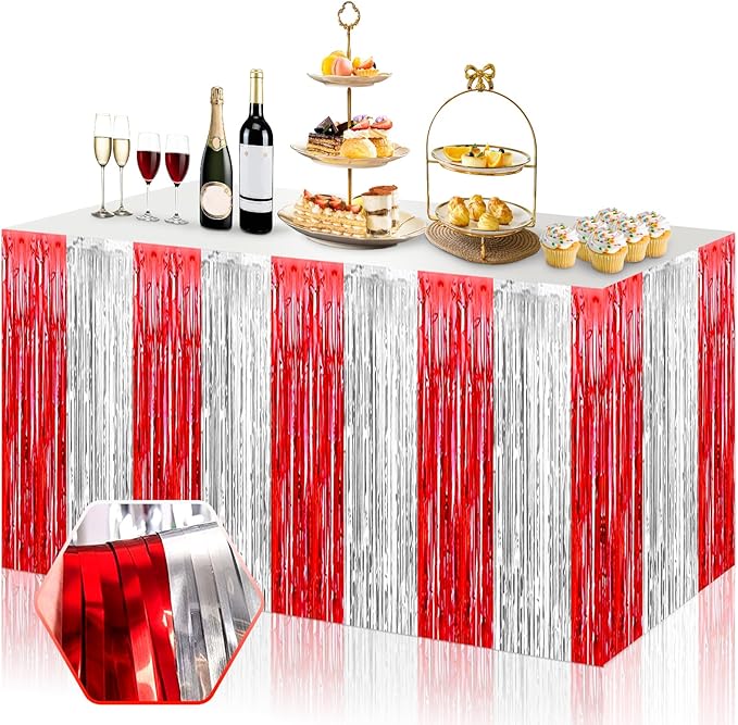 3 Pack 29x108 Inch Red Silver Foil Fringe Table Skirts Metallic Banner for Tinsel Streamer Garland Backdrop for Parade Floats Wedding Thanksgiving Birthday Christmas Halloween Party Decoration