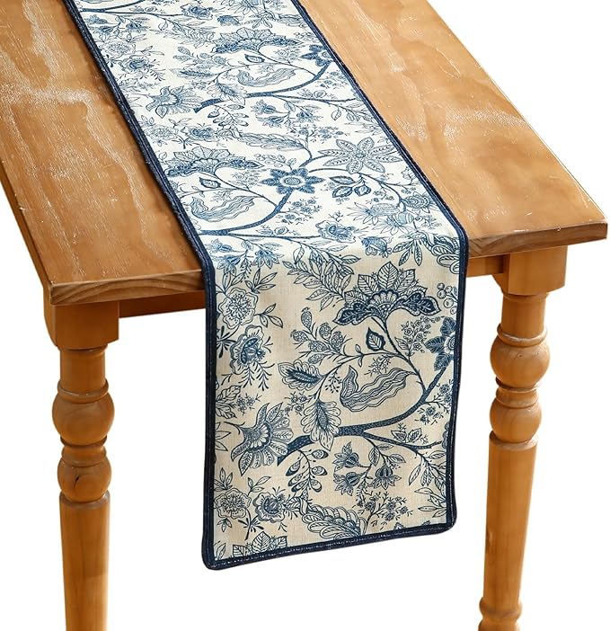 ISAENNE Designer Chinoiserie Elegant Linen Table Runner 102 Inches Long,Blue Floral Pattern Decor Table Runners for Thanksgiving,Dining Room,Banquet,Kitchen Tables,Christmas,12"*102"-Ruyi B