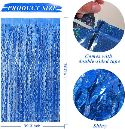 Blue Backdrop Wavy Tinsel Foil Fringe Curtains for Parties Sparkle Metallic Wavy Blue Birthday Decorations for Streamers Party Decorations Photo Booth Props Birthday Ocean Party Decor Supplies