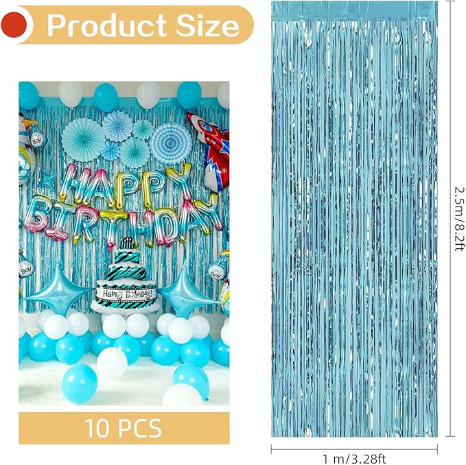 10 Pack Blue Backdrop Curtain 3.2ft x 8.2ft Metallic Tinsel Foil Fringe Curtains Photo Booth Background for Birthday Party Decoration Baby Shower Engagement Wedding Christmas Decoration (Blue)