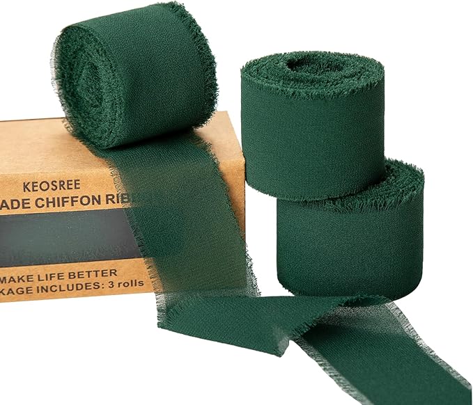 3 Rolls Dark Green Handmade Chiffon Ribbon,1.5" x 21Yd Frayed Fringe Silk Ribbons (3 Rolls *7Yd) for Gifts Wrapping, Wedding Invitations, Bridal Bouquets, Decorations