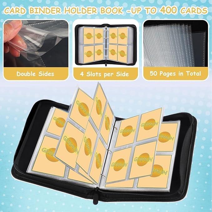 4 Pocket Card Binder, Premium Zip Trading Card Binder, 400 Double Sided Pocket PU Card Collection Binder, Collector Card Album, Card Folder for MTG, TCG, Sports Cards, Game Cards (Yellow)