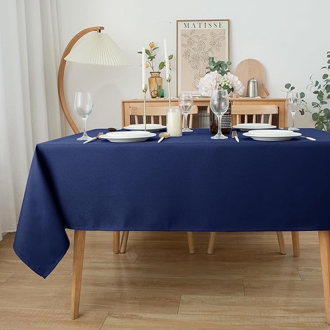 Biscaynebay Textured Fabric Tablecloths 52x70 Inches Rectangular, Navy Water Resistant Tablecloths for Dining, Kitchen, Wedding and Parties etc. Machine Washable