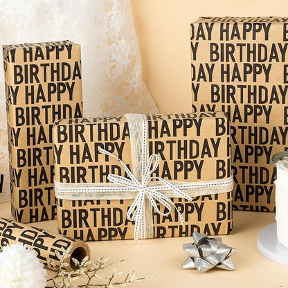 Yarcony Birthday Kraft Wrapping Paper Roll, Mens Gift Wrapping Paper - 17 Inch x 33 Feet - Vintage Style Brown Black Happy Birthday Gift Wrap Thick Present Sheet for Holiday, Party, Father's Day